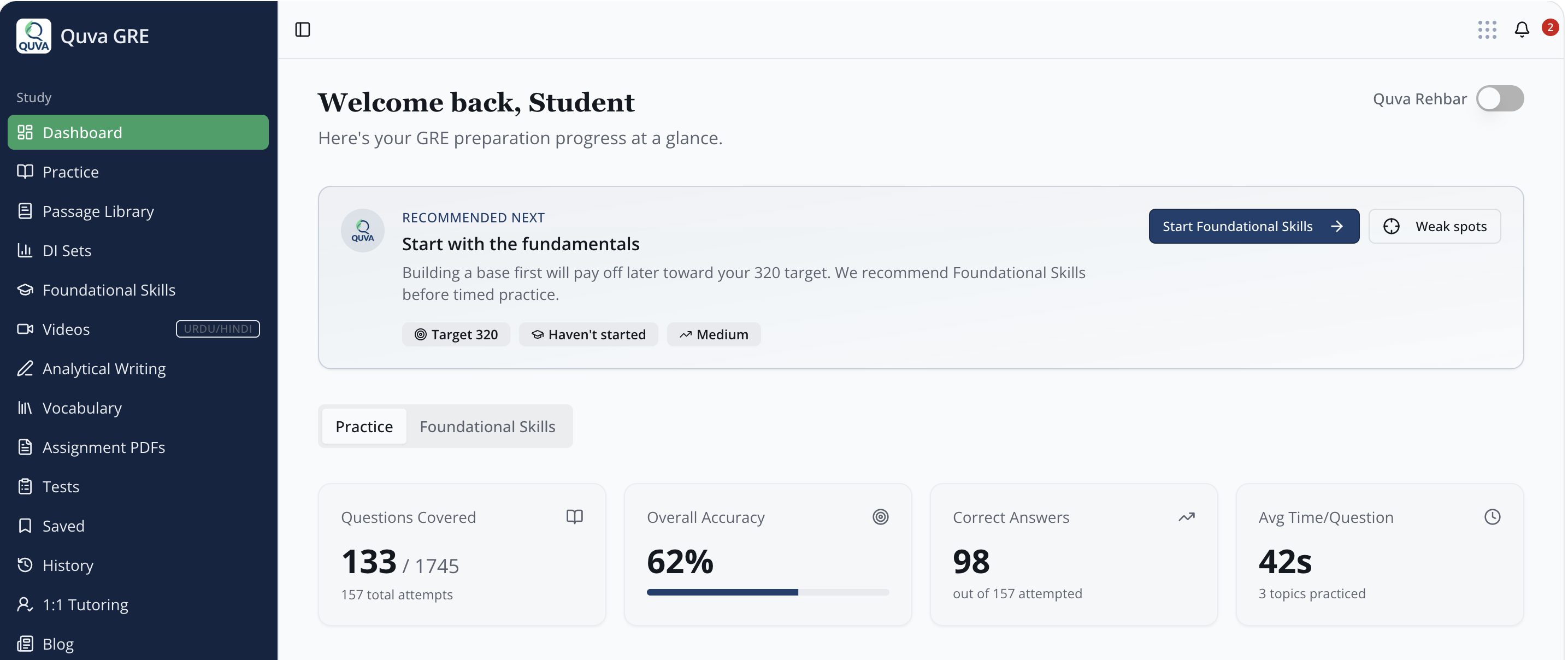 Quva GRE student dashboard showing practice progress, accuracy, and recommended next steps
